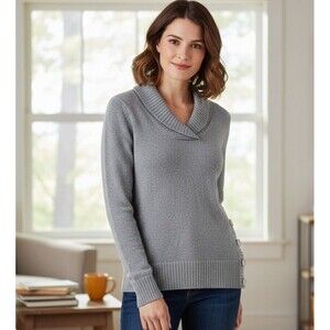 Studio Works Women’s Small Petite Gray V Neck Pullover Knit Sweater Lightweight